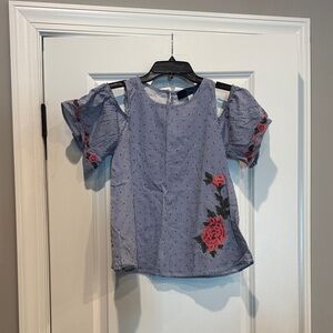 Blue Rain Striped Blouse with Floral Embroidery